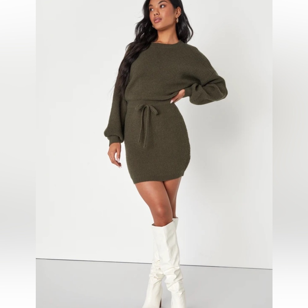 Lulus Flirting with Fall Olive Green Tie Waist Mini Sweater Dress Size Large